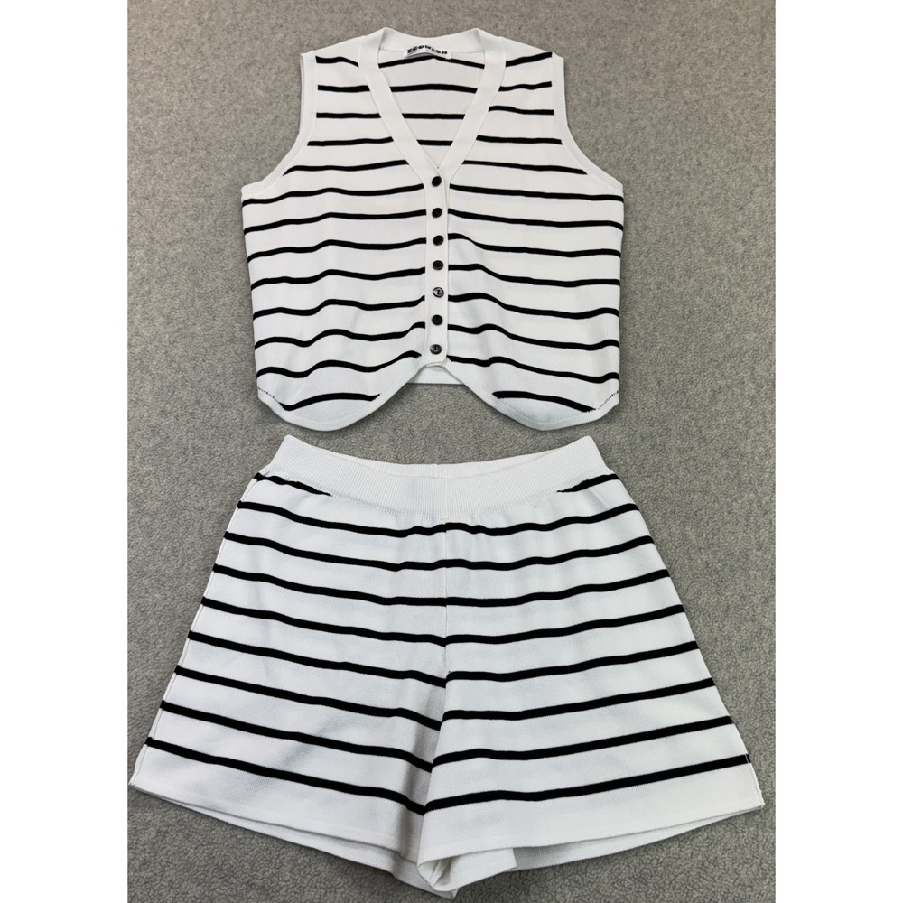 Ecowish Womens Two Piece Outfit Set Black White Striped V-Neck Sleeveless S